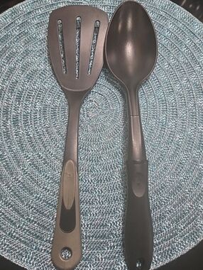 Vintage Black Nylon Slotted Spatula And Spoon Set USA Made Kitchen Utensils
